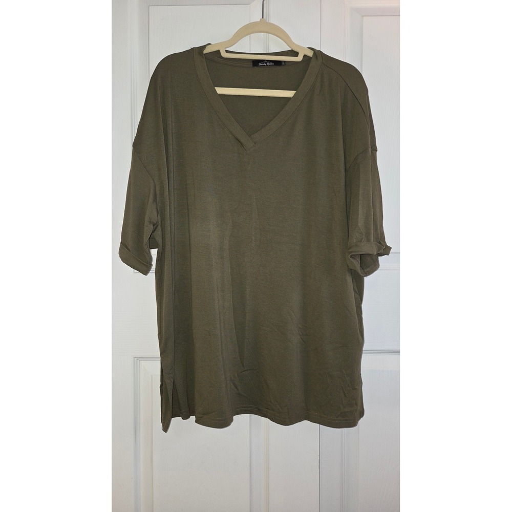 Trendy Queen Womens Oversized V-Neck T-Shirt Olive‎ Green Short Sleeve XXL